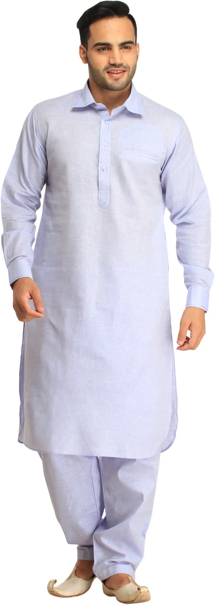 Pastel Plain Pathani Kurta Shalwar Set with Front Pocket