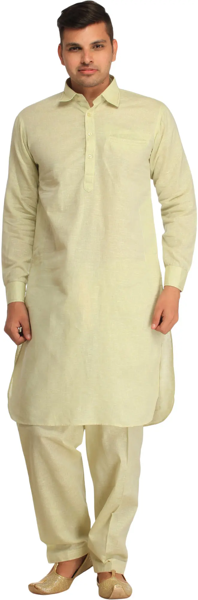 Pastel Plain Pathani Kurta Shalwar Set with Front Pocket