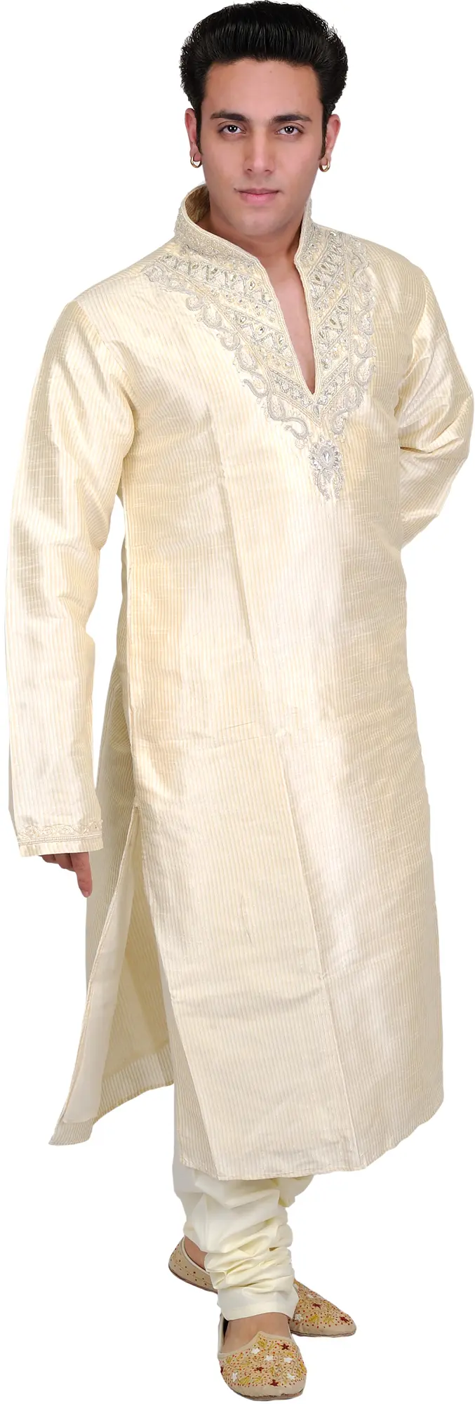 Cream Wedding Kurta Pajama Set with Woven Stripes and Embroidered Beads on Neck