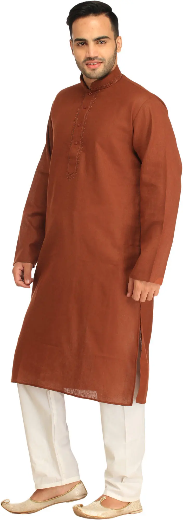 Plain Casual Kurta Pajama Set with Thread-Embroidery on Neck, alternate view