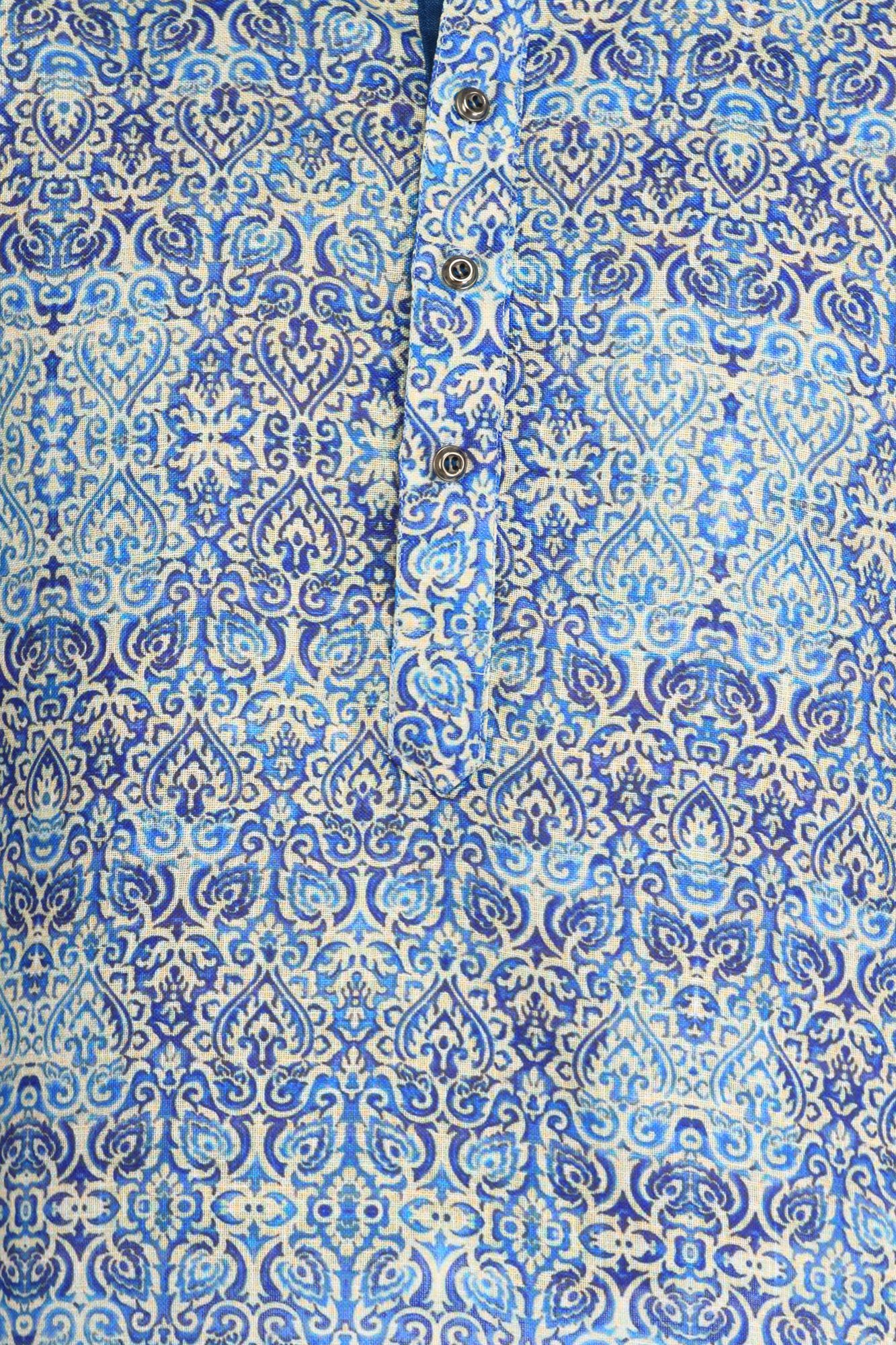Riviera-Blue Kurta Pajama Set with Printed Mughal Motifs | Exotic India Art
