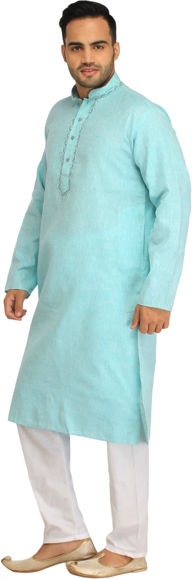 Pastel Kurta Pajama Set with Thread Weave in Self and Embroidery on Neck, alternate view