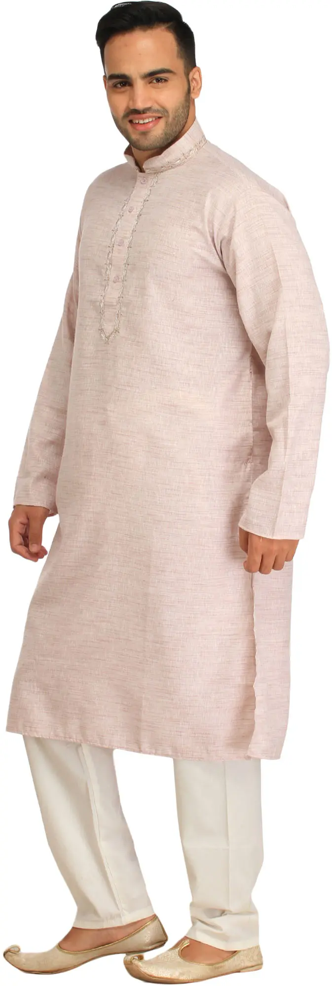 Pure Cotton Kurta Pajama Set with Thread-Embroidery on Neck, alternate view