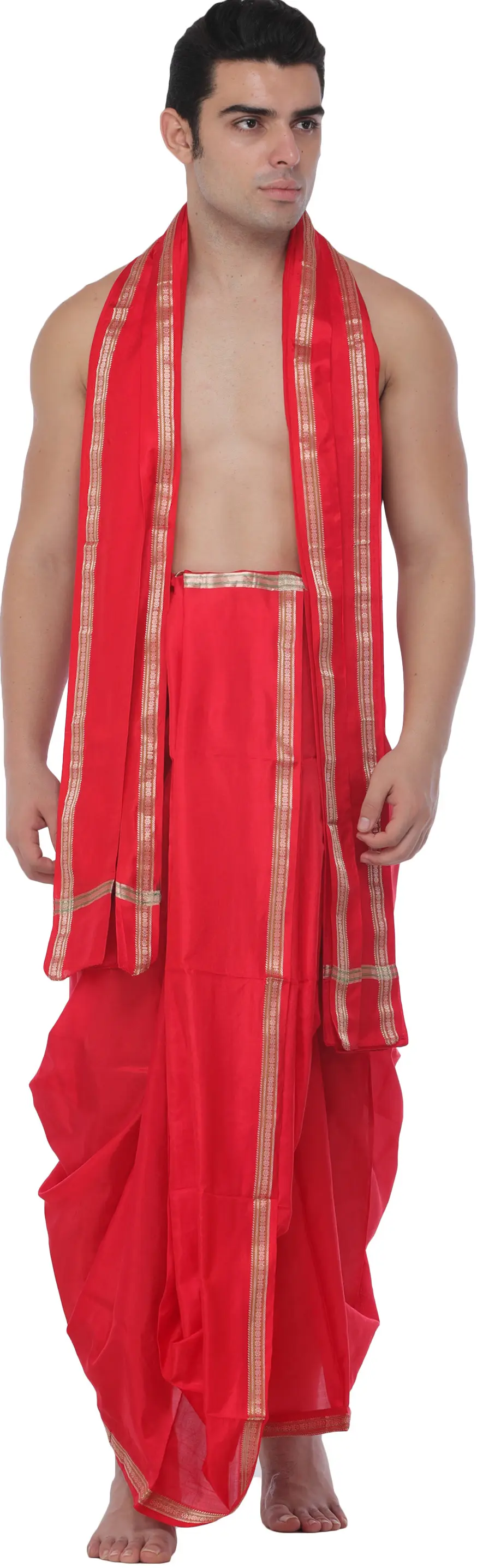 Traditional Dhoti and Angavastram set for Puja with Golden Thread Weave