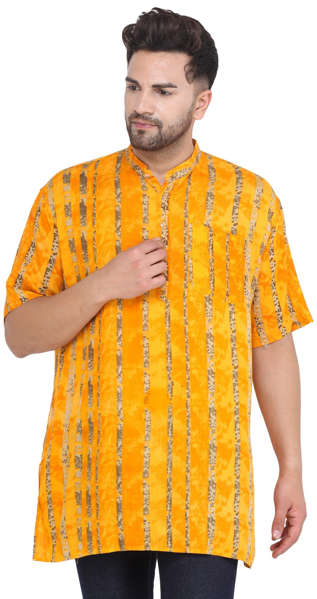 Saffron Casual Kurta with Printed Stripes and Short Sleeves from ISCKON ...