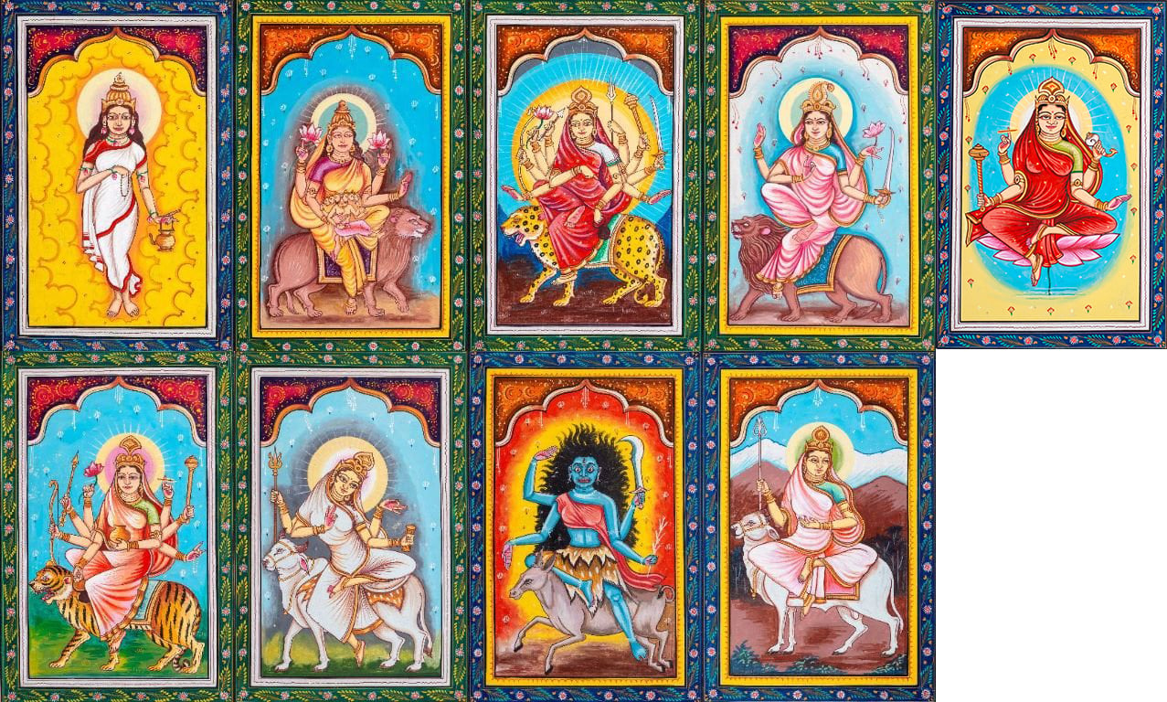 Navadurga The Nine Forms Of Goddess Durga Set Of Nine Paintings Exotic India Art