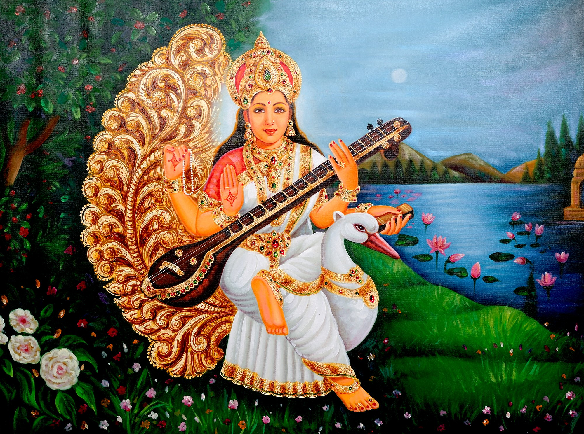 Goddess Saraswati Wearing White Sari and Seated on Swan | Exotic India Art