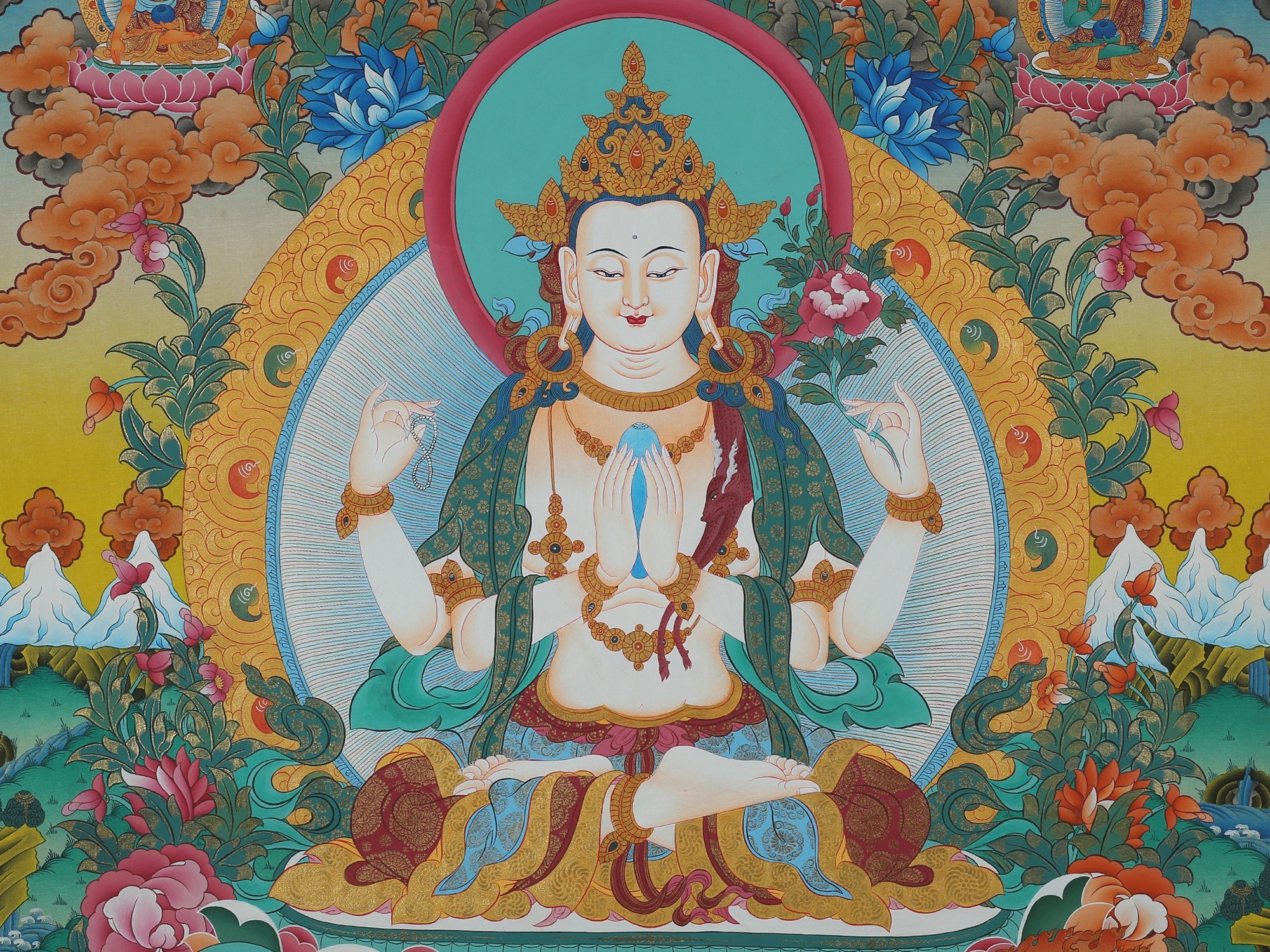 Four Armed Avalokiteshvara (Brocadeless Thangka) | Exotic India Art