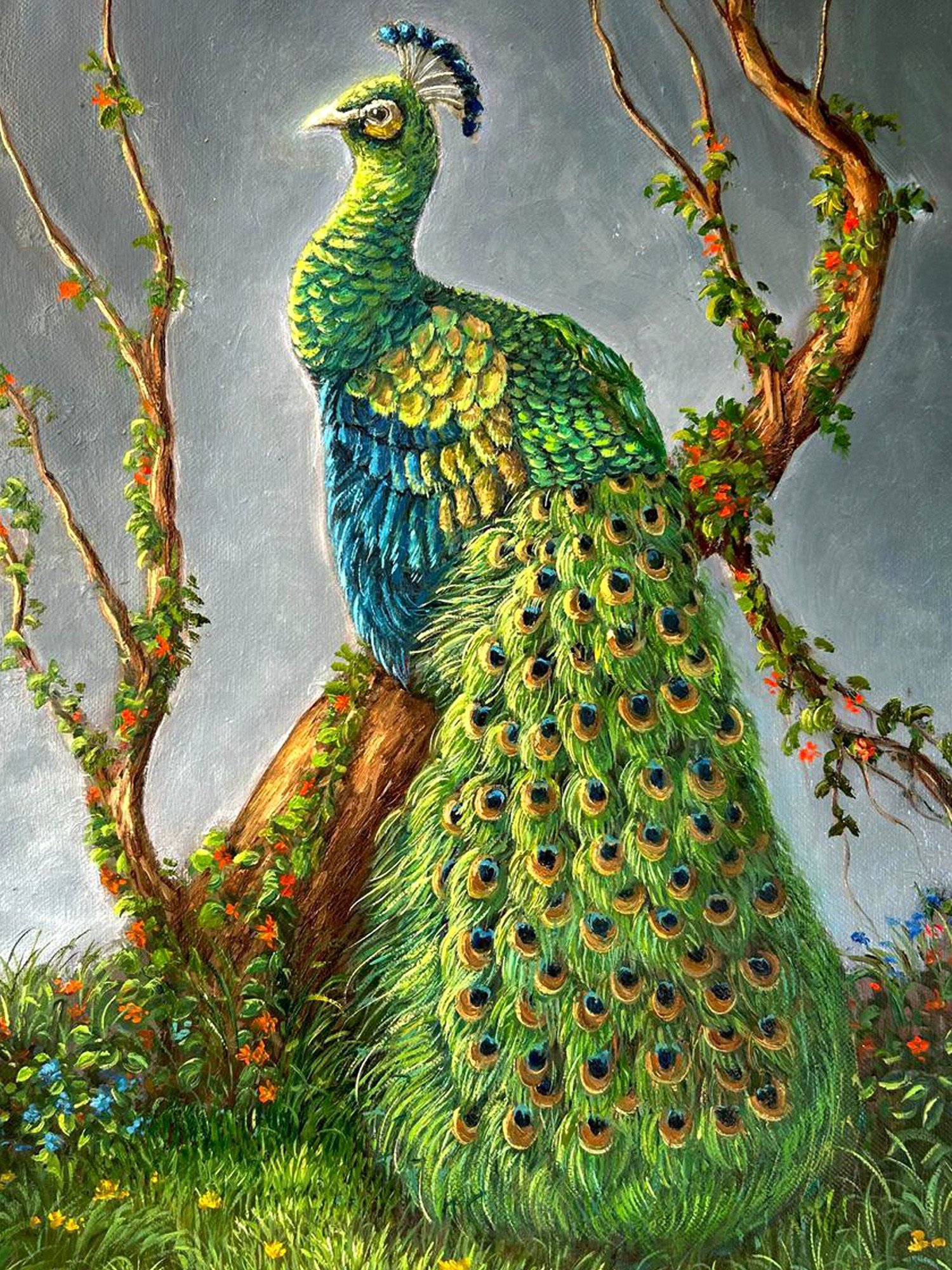 Peacock with Beautiful Tail | Oil Painting by Somnath Harne | Exotic ...