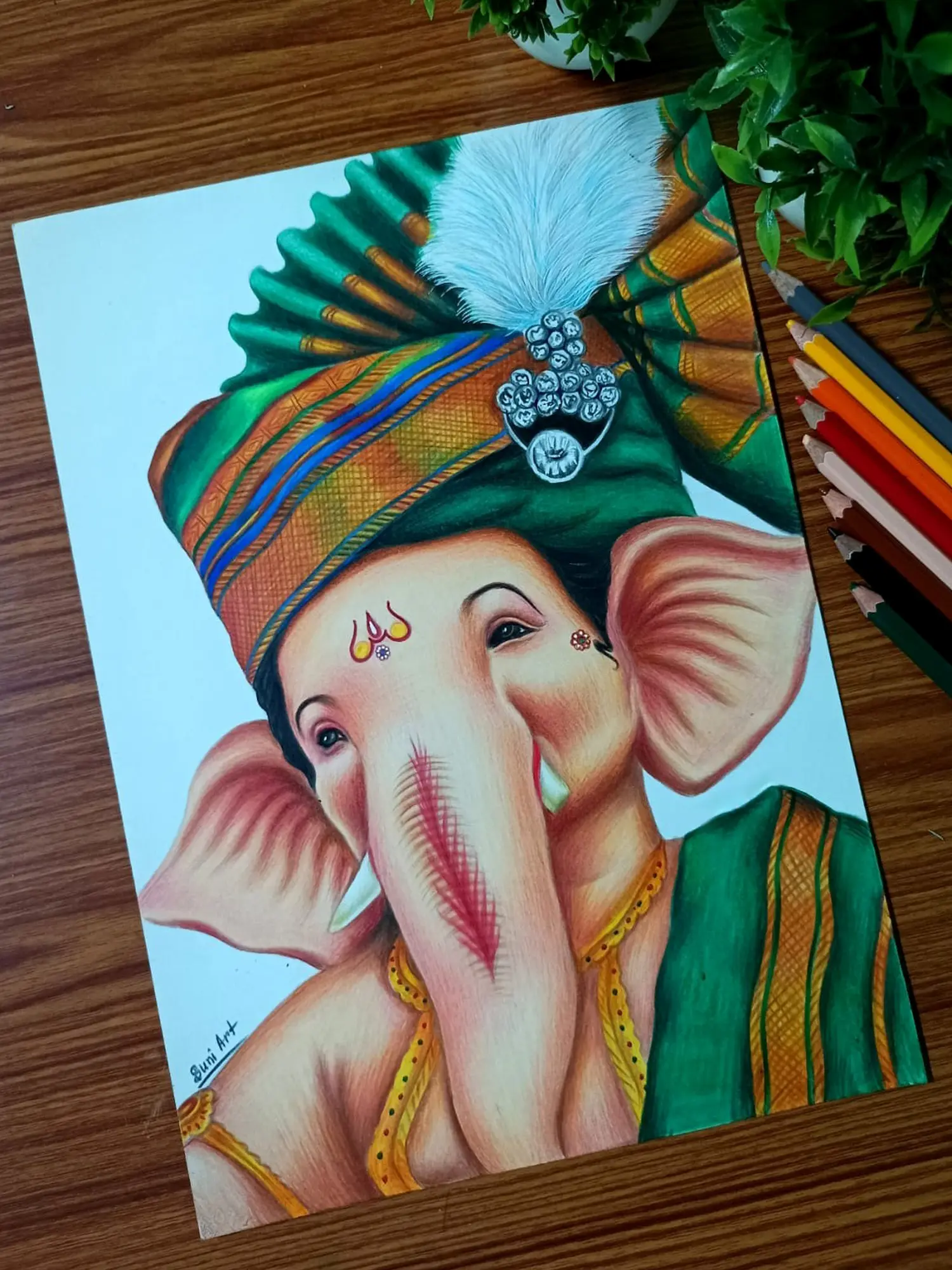 Lord Ganesha with Beautiful Turban | Color Pencil Art by Sunil Kumar |  Exotic India Art, image size:1500x2000