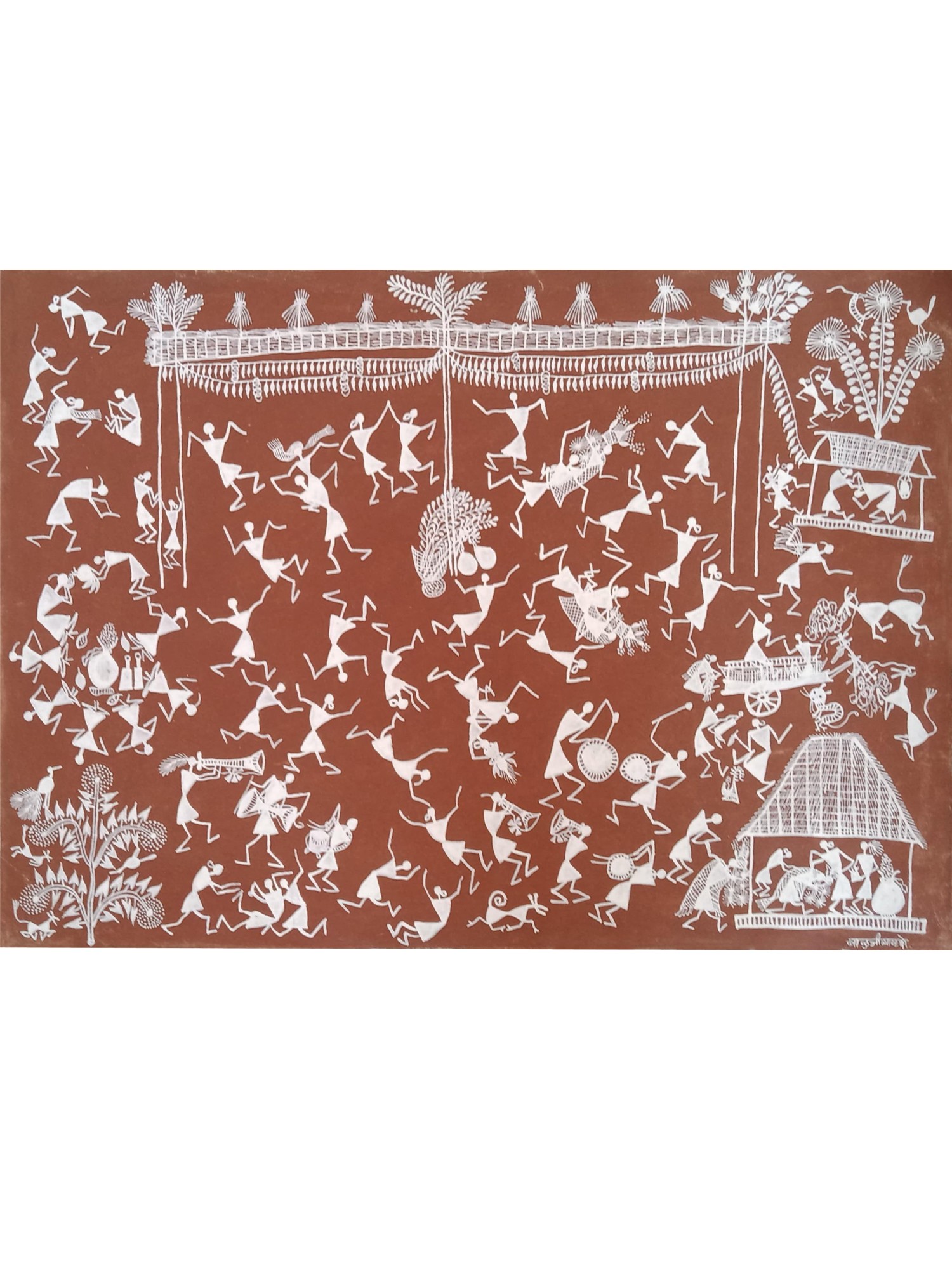 The Rural Celebration Warli Art Terracotta Cow Dung And White   Ddd490 