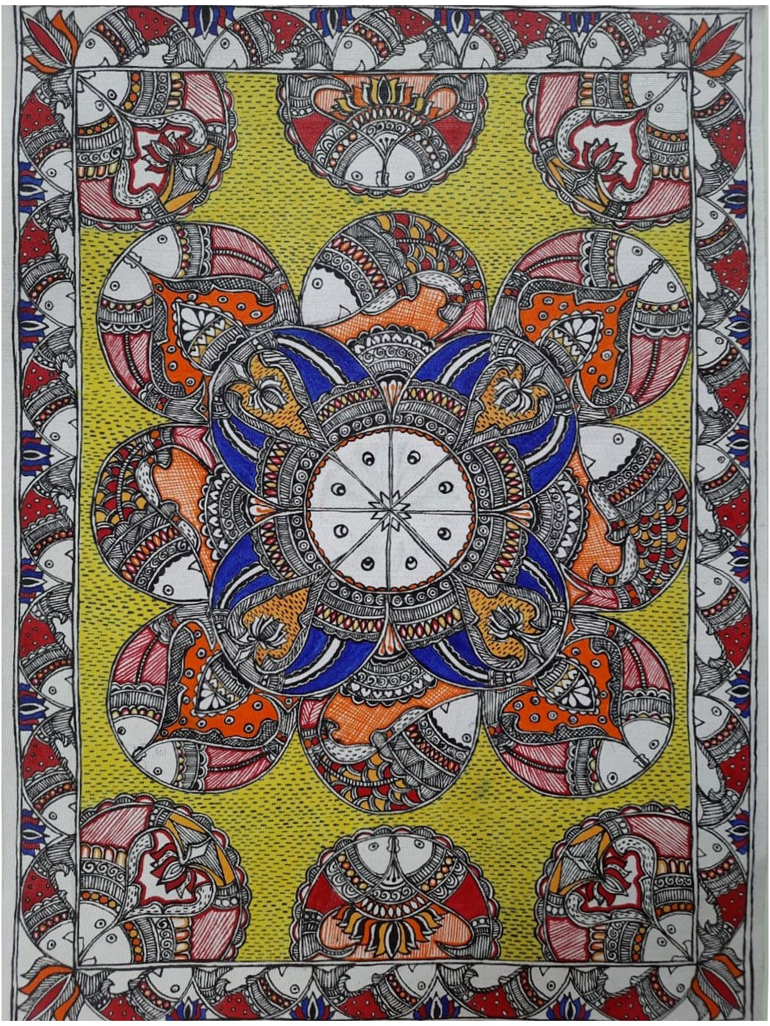 Circle Of Madhubani Fishes | Acrylic On Handmade Canvas Sheet | By ...