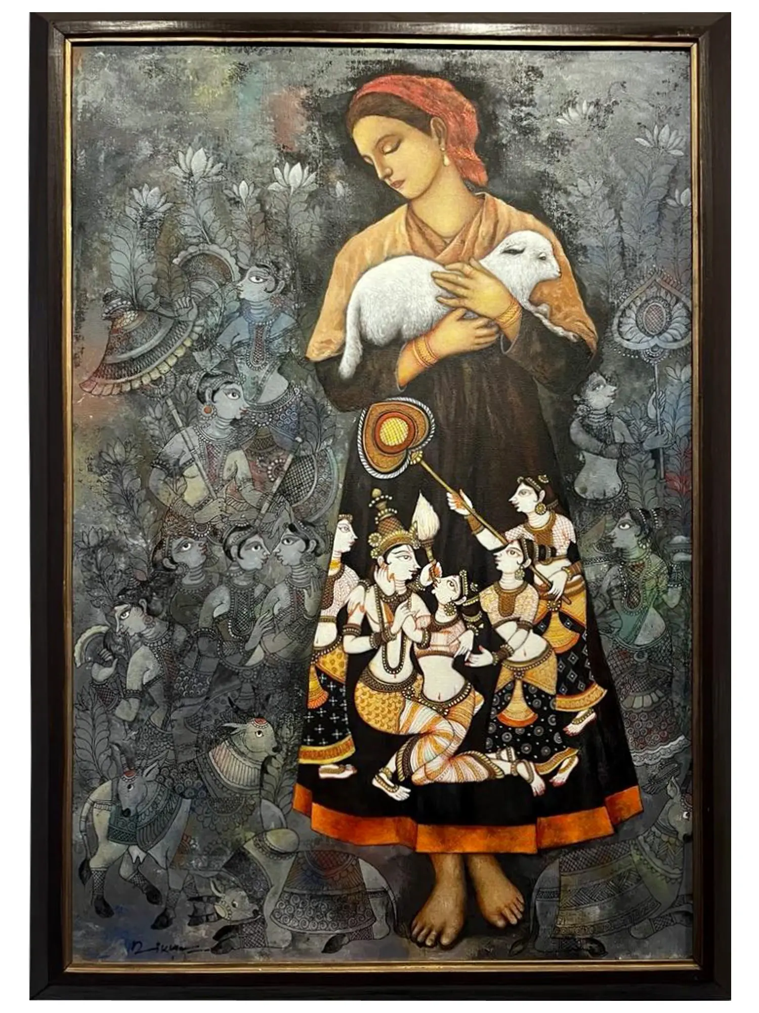 Lady Holding A Lamb | Acrylic On Canvas | By Nikunja Bihari Das