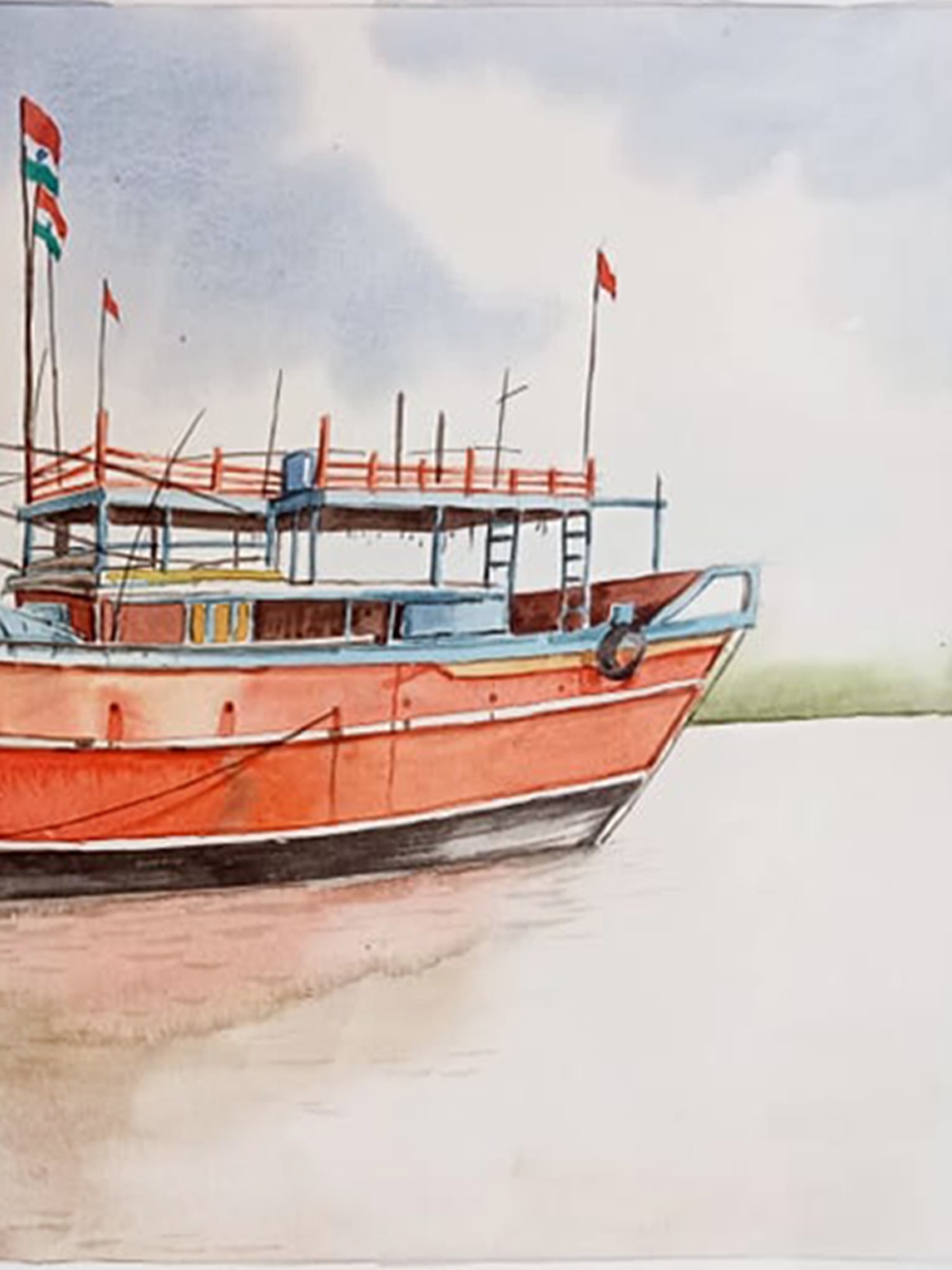 Long Boat, Watercolor On Canvas, By Rohit