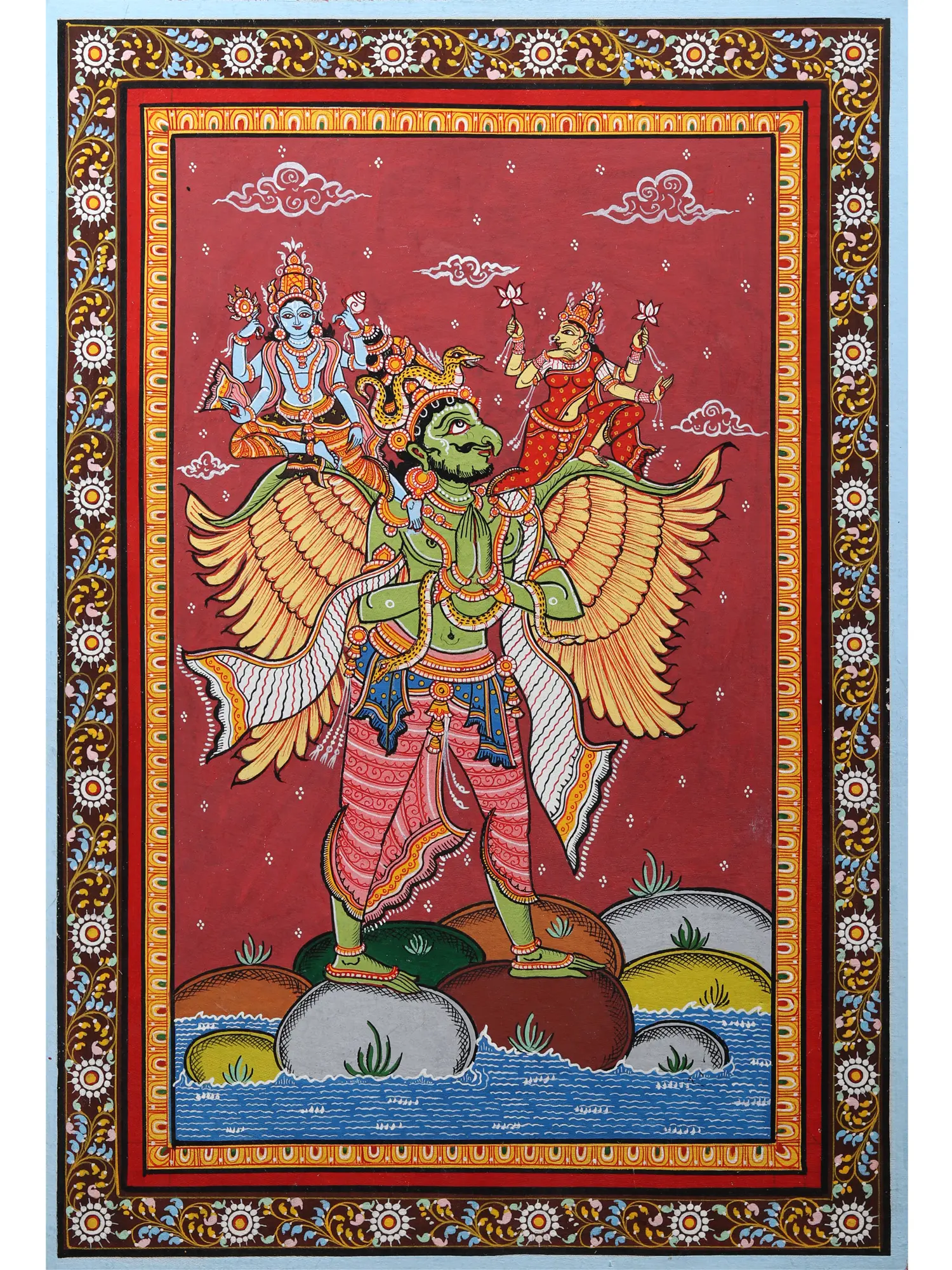 Lakshmi - Narayan Seated on Garuda | Pattachitra Painting from