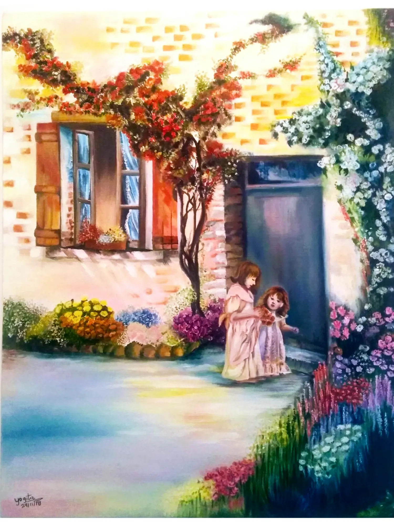 Sisters Love | Oil On Canvas | By Yogita Makadia | Exotic India Art