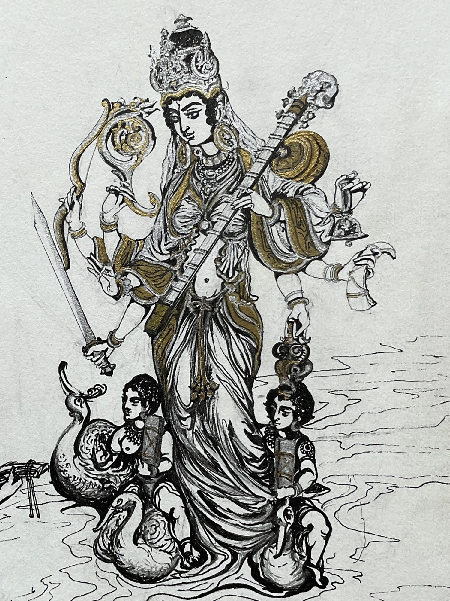 Goddess Saraswathi Pen Drawing Sketch – Happy Saraswati Pooja –  Meghnaunni.com
