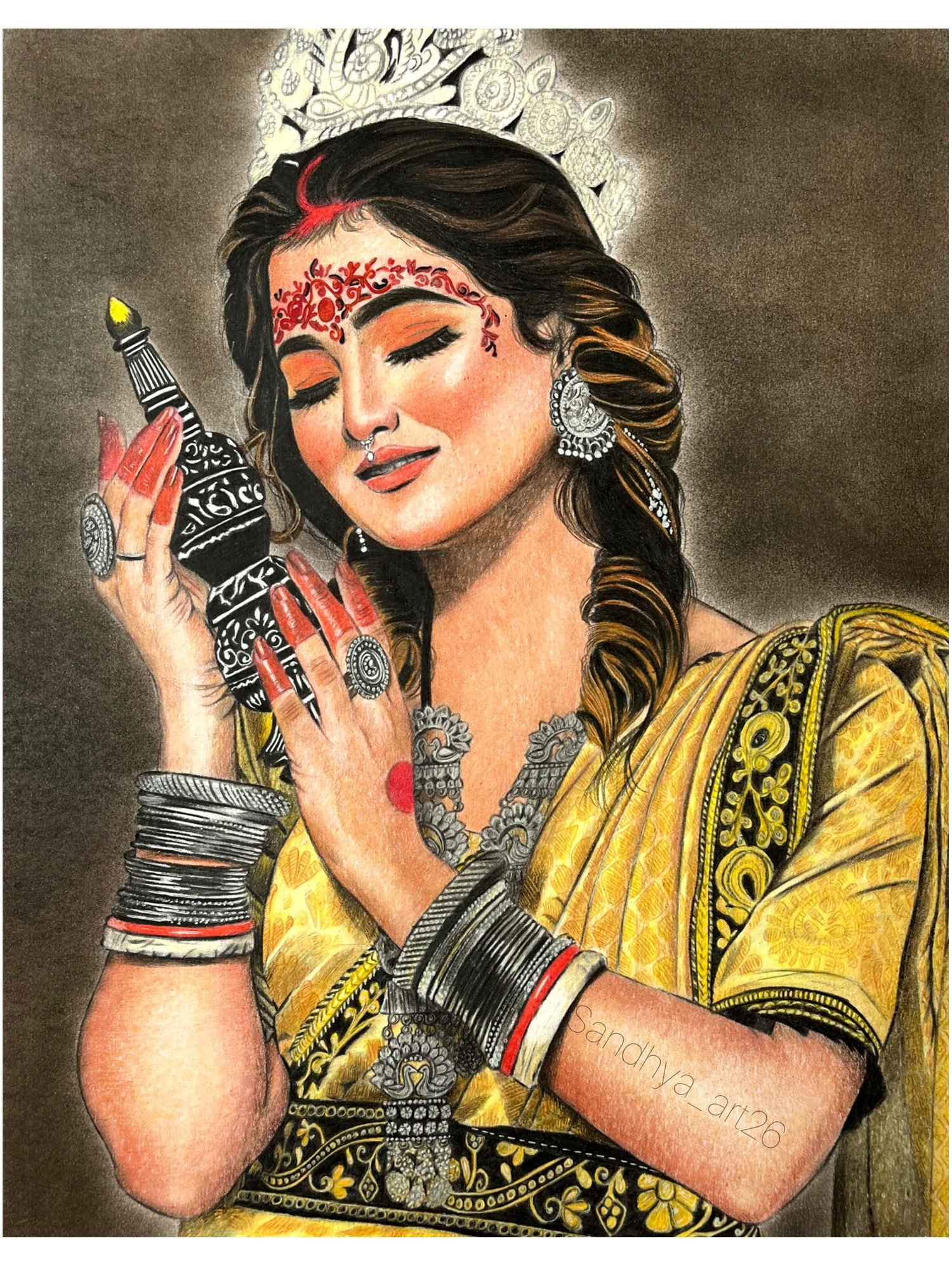 Hindu Goddess  Pencil Color On Bristol Paper  Sandhya Pandit  Exotic  India Art