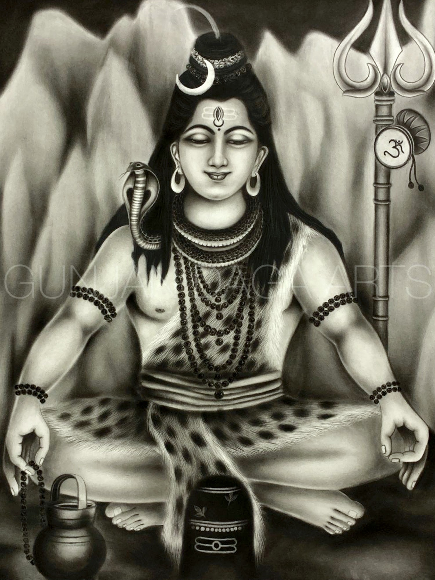 Black Canvas Shiva Charcoal Painting Size 12 X 16 Inches
