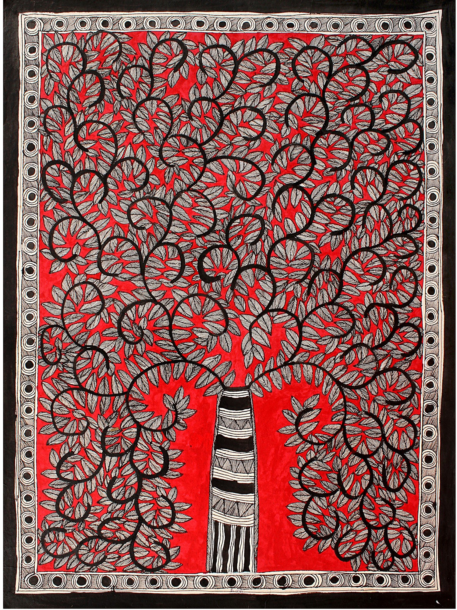 Dense Tree In Red Background | Madhubani Painting | Exotic India Art