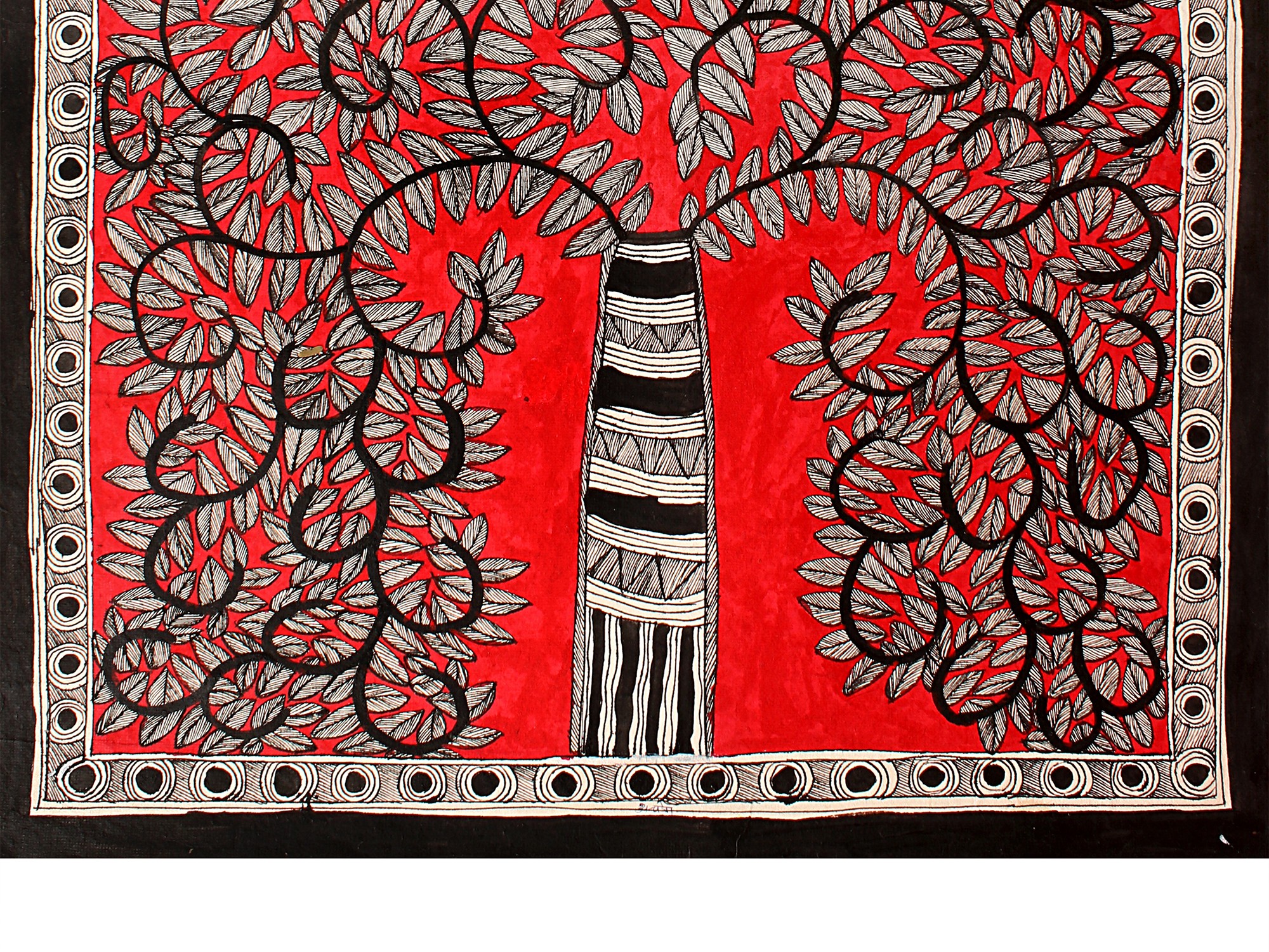Dense Tree In Red Background | Madhubani Painting | Exotic India Art