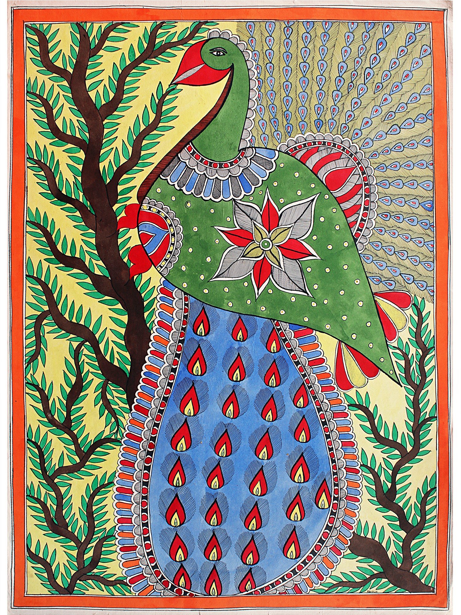 Exquisite Green Peacock | Madhubani Painting | Exotic India Art