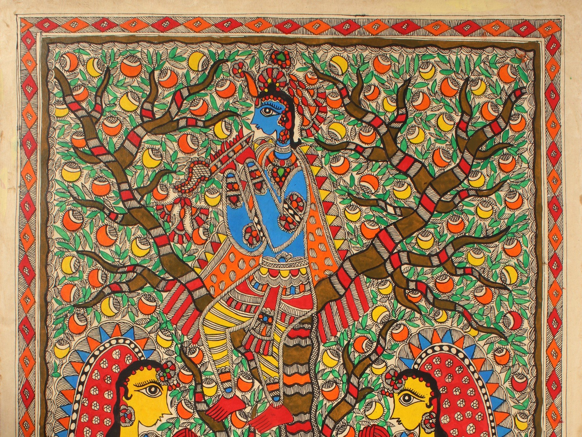 Krishna Playing Flute For Gopi | Madhubani Painting | Exotic India Art