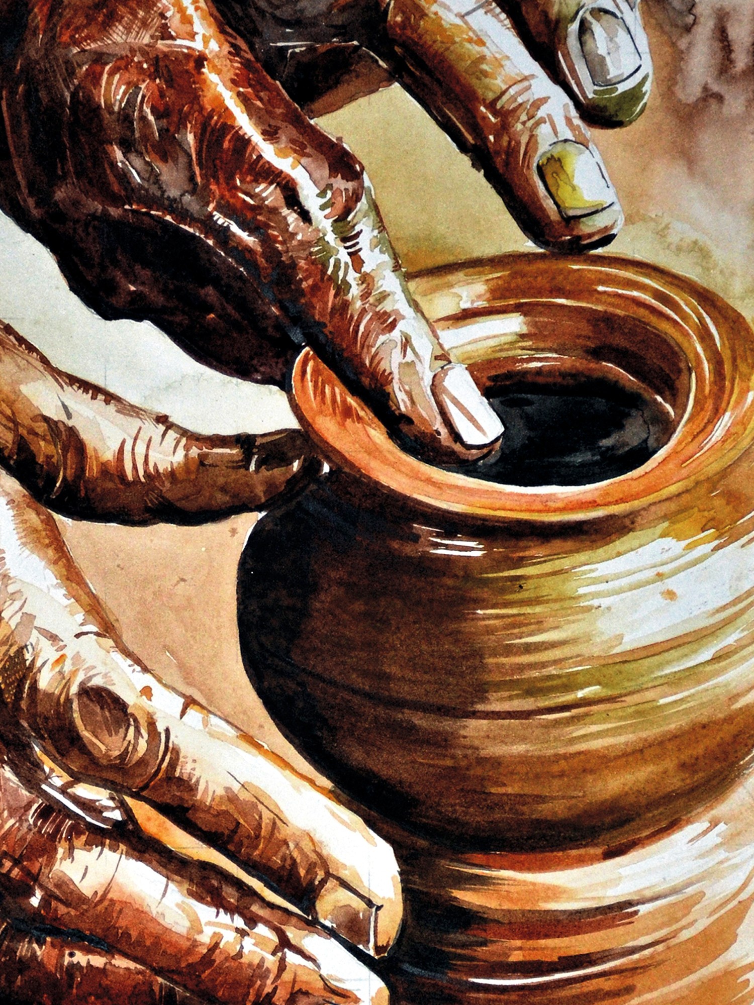 Wrinkled Hands In Pot Making | Watercolor on Paper | By RAJIB AGARWAL ...