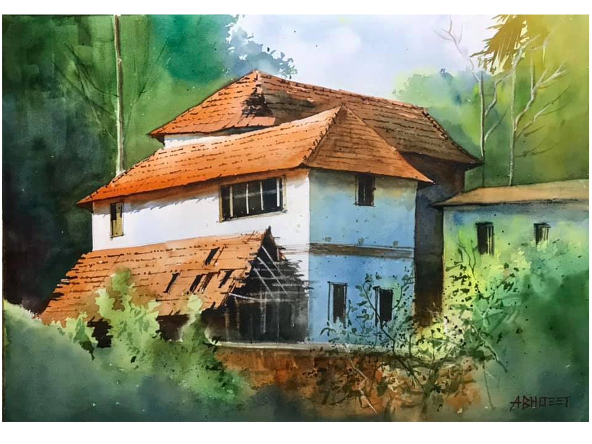 Village Painting, landscape Scenery painting | WATERCOLOR ON PAPER |  Landscape | UP-130-296608 | Dirums.com
