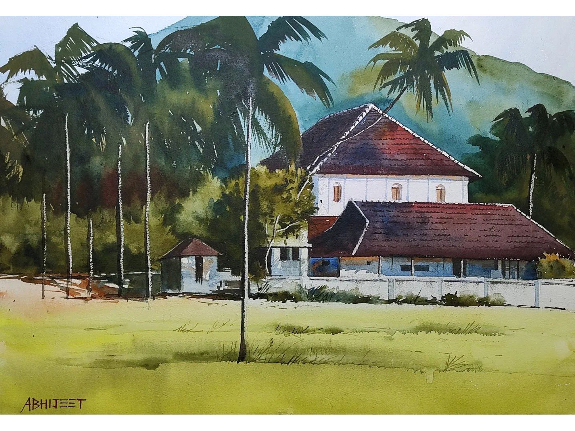 Village House Near Hills Watercolor On Paper By Abhijeet Bahadure