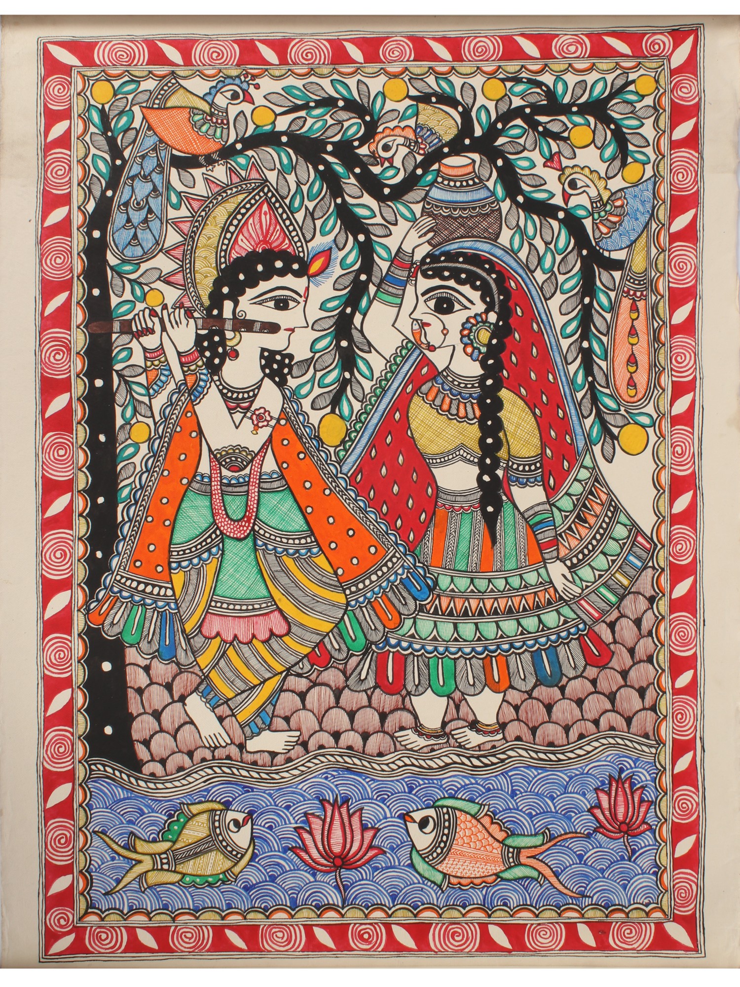 Lord Krishna Playing Flute with Radha | Madhubani Painting | Exotic ...