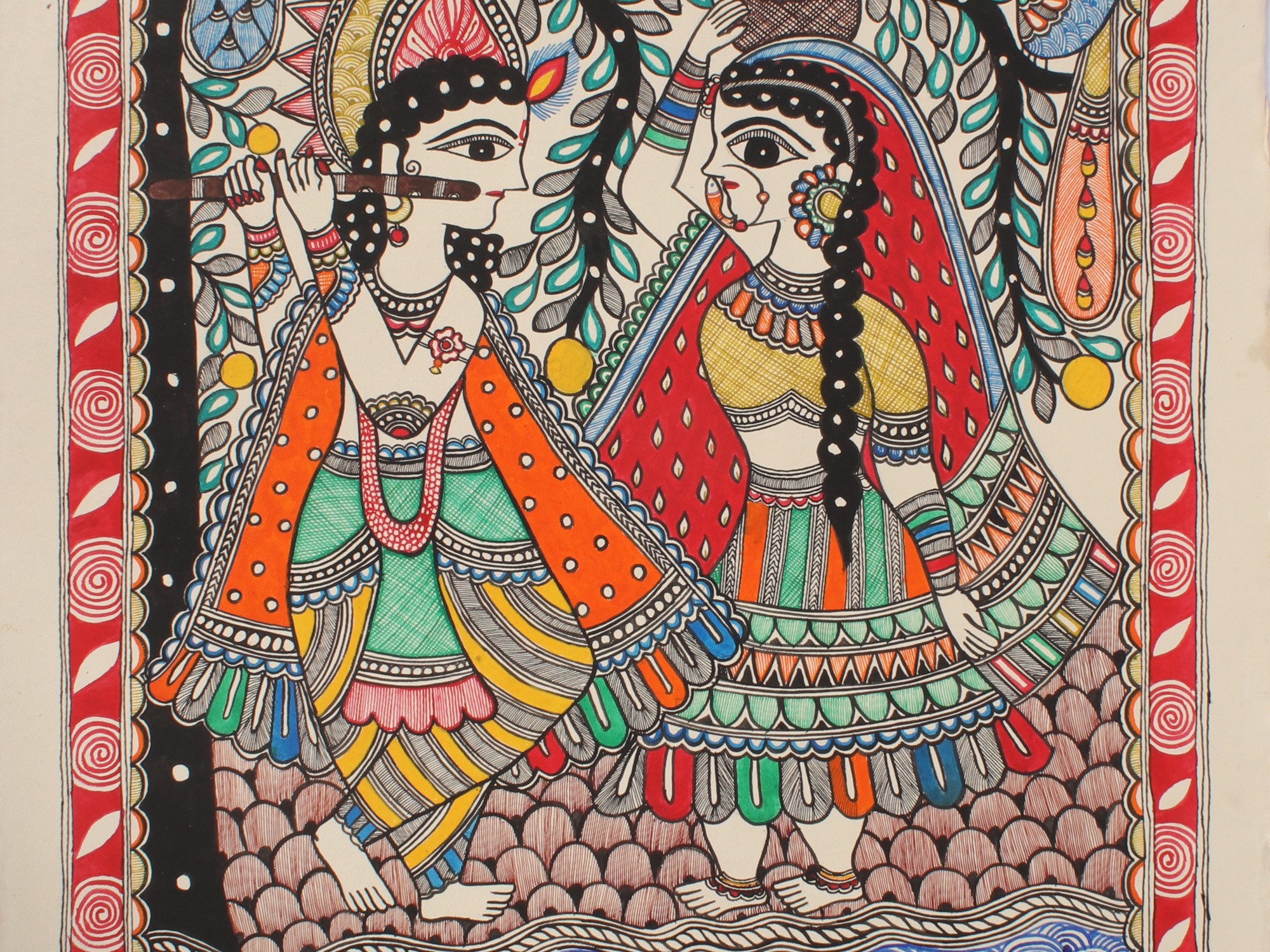 Lord Krishna Playing Flute with Radha | Madhubani Painting | Exotic ...