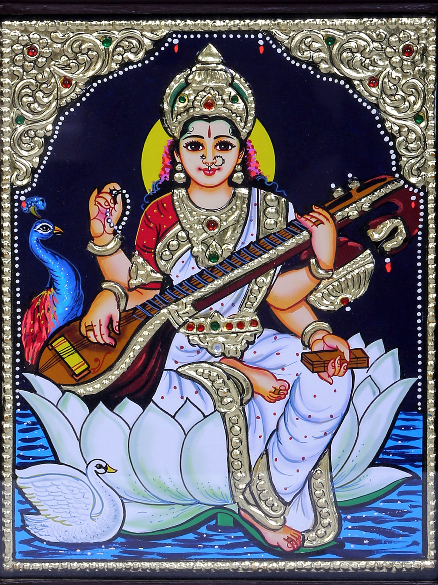 Goddess Saraswati | Traditional Colors With 24K Gold | Teakwood Frame ...