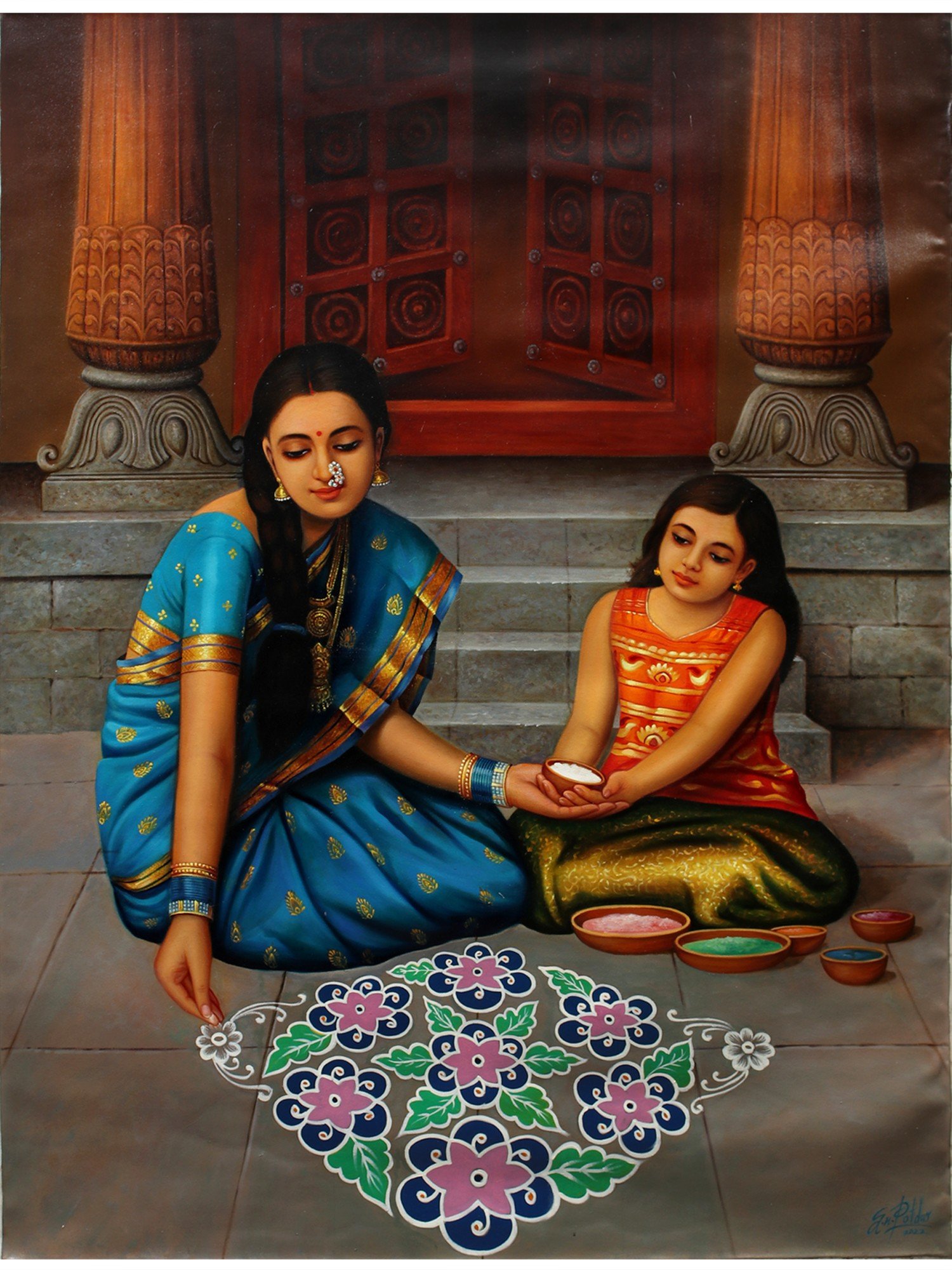 Mother and Daughter Making Rangoli | Oil On Canvas | Exotic India Art