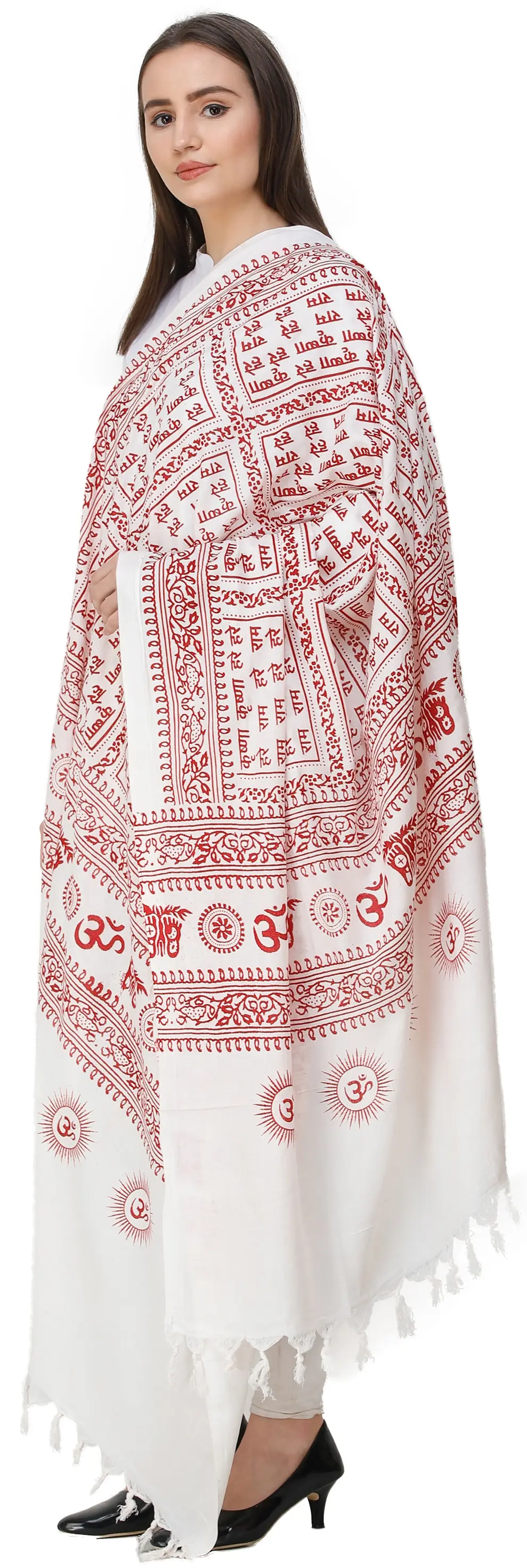 Hare Ram Hare Krishna Prayer Shawl from Banaras | Poly Cotton Religious Clothes, alternate view