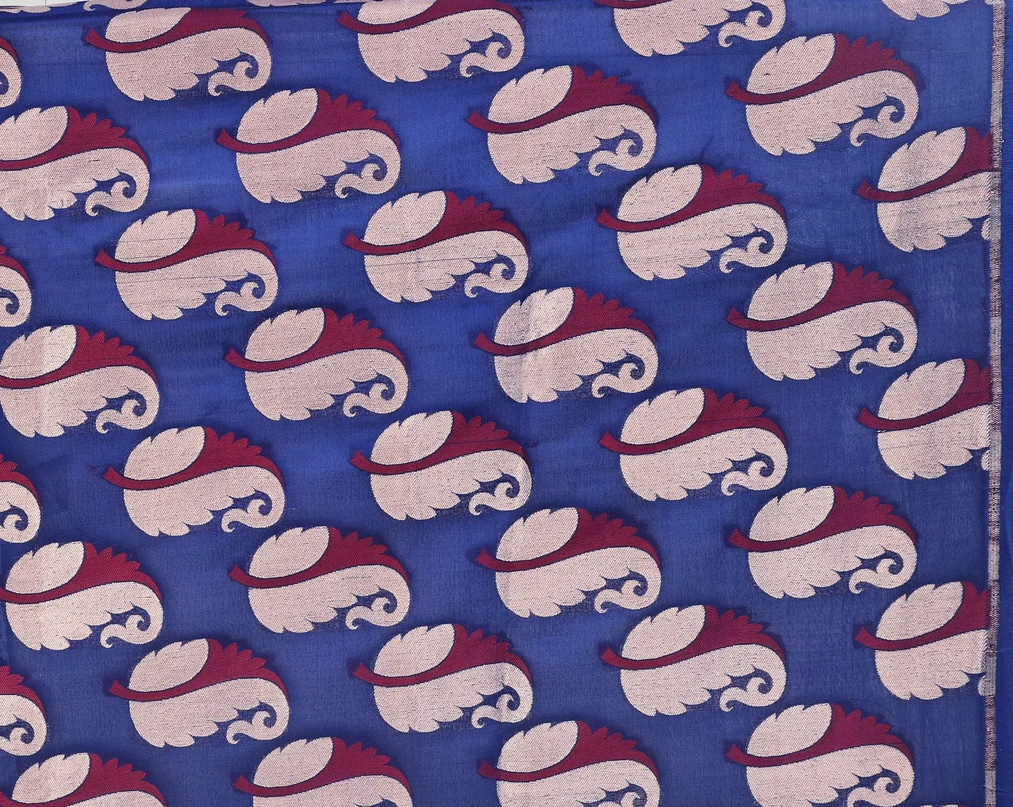 Royal-Blue Fabric from Banaras with All-Over Woven Leaves in Golden Thread