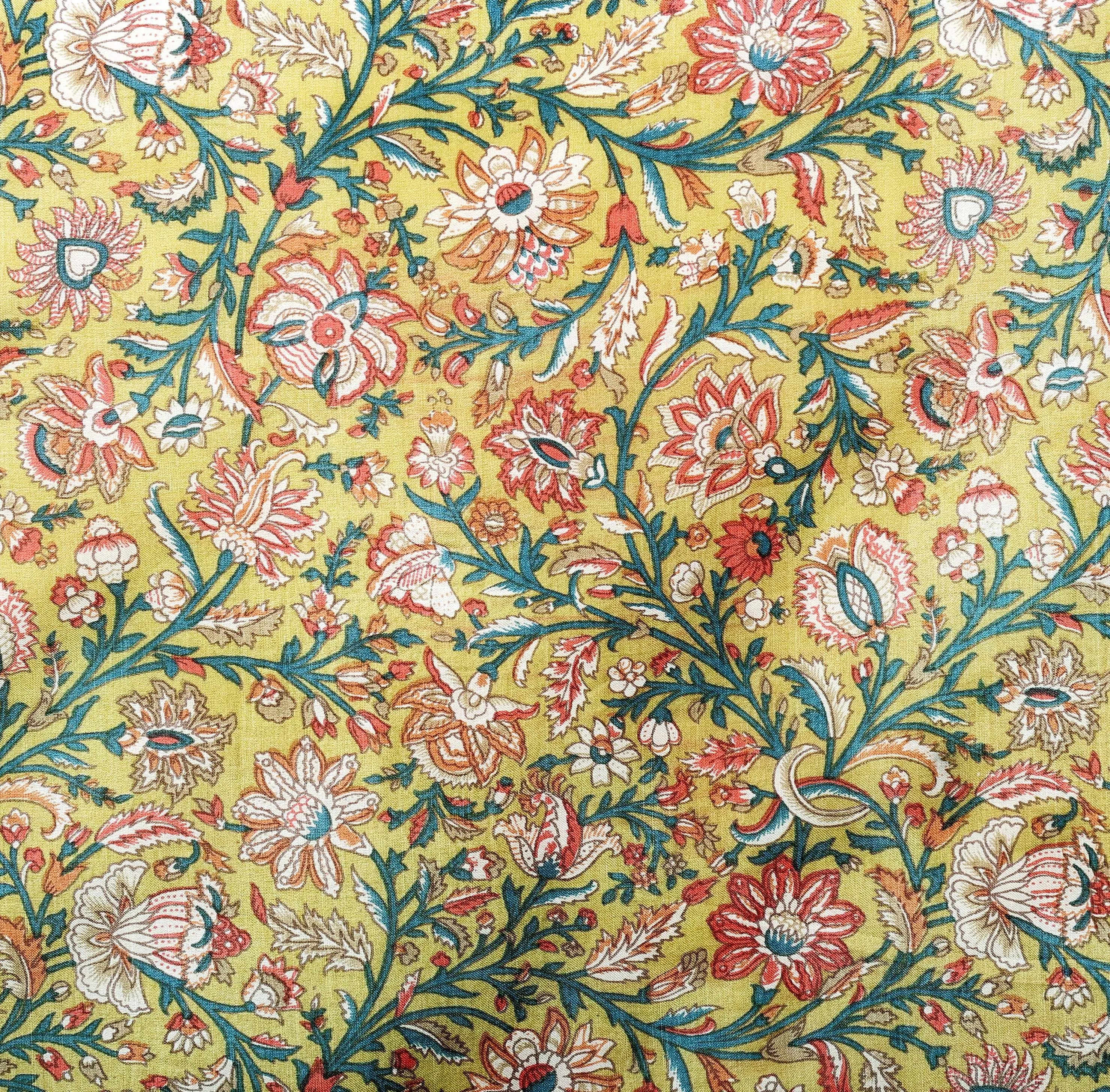 Multi-Color Floral Printed Silk Fabric on an Olive Base