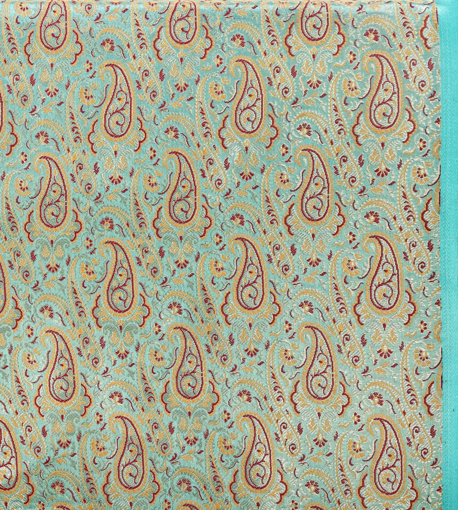 Turquoise-Blue Fabric from Banaras with Paisleys Woven in Golden Thread