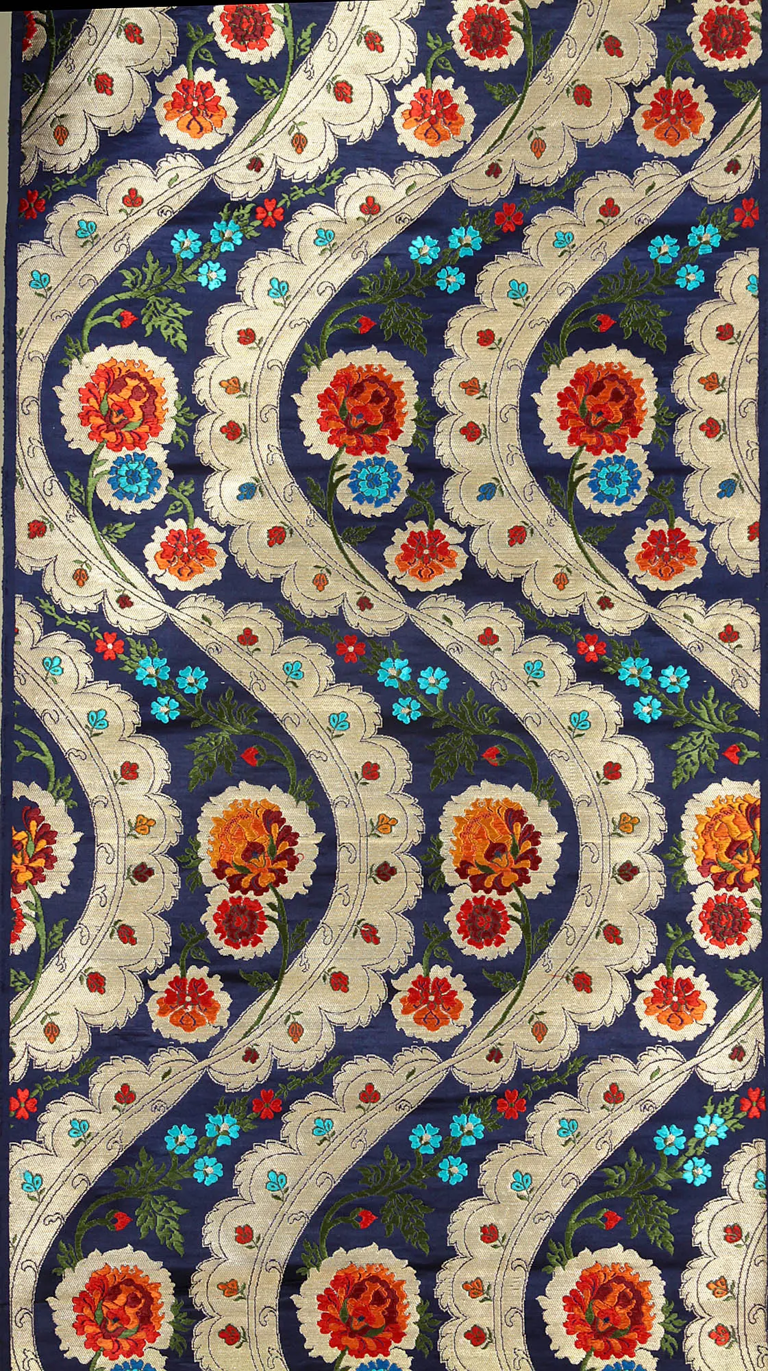 Royal-Blue Brocade Fabric with Five Woven Flowers