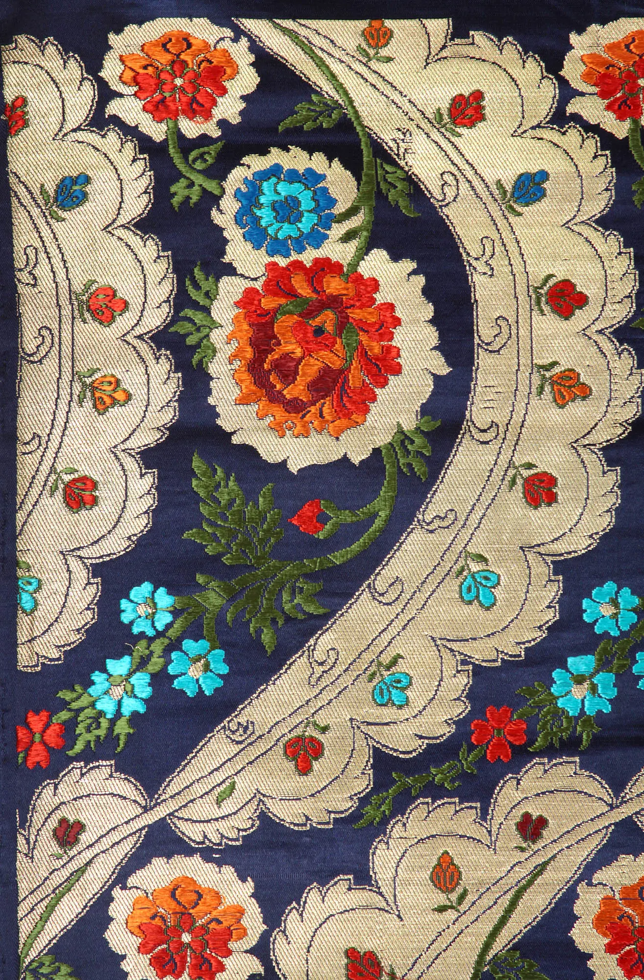 Royal-Blue Brocade Fabric with Five Woven Flowers, alternate view