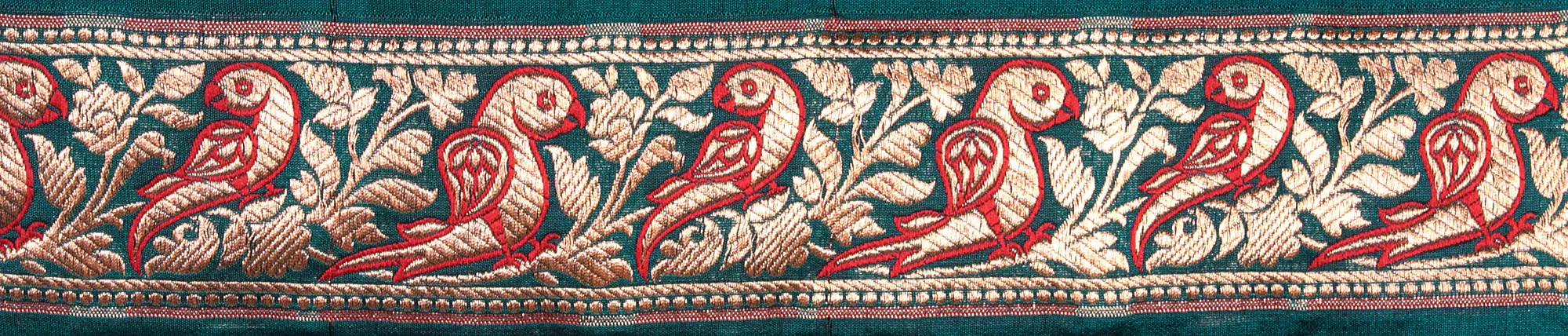 Green Banarasi Fabric Border with Woven Parrots in Golden Thread