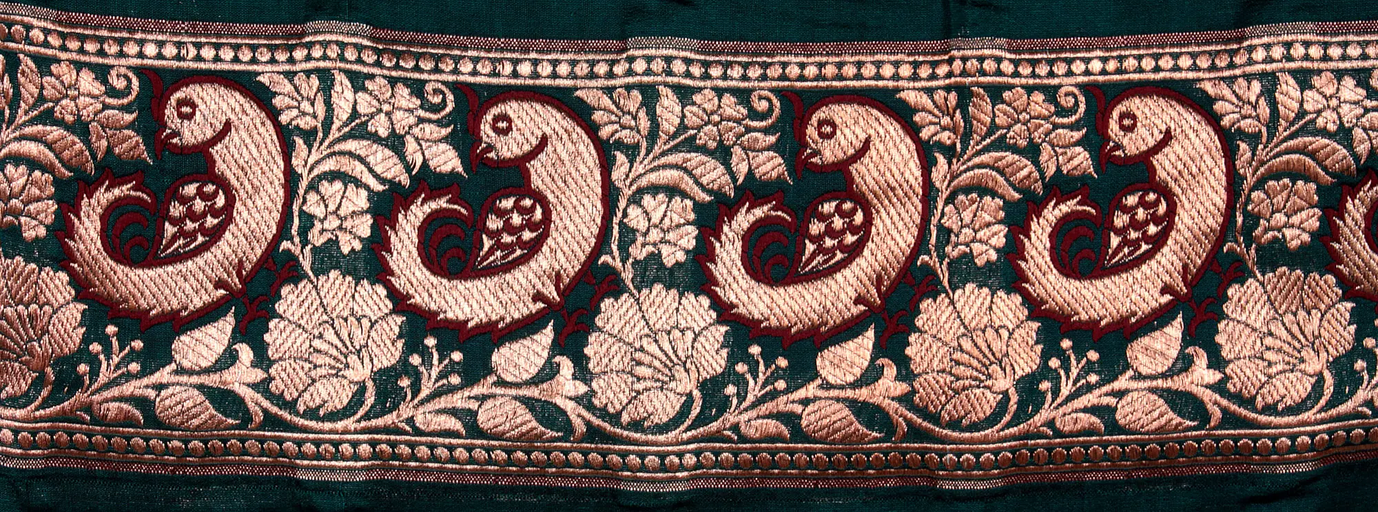 Green Banarasi Fabric Border with Woven Birds in Golden Thread