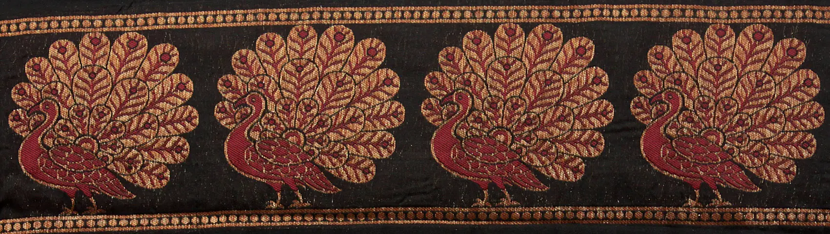 Black Banarasi Fabric Border with Hand-woven Peacocks in Red and Gold