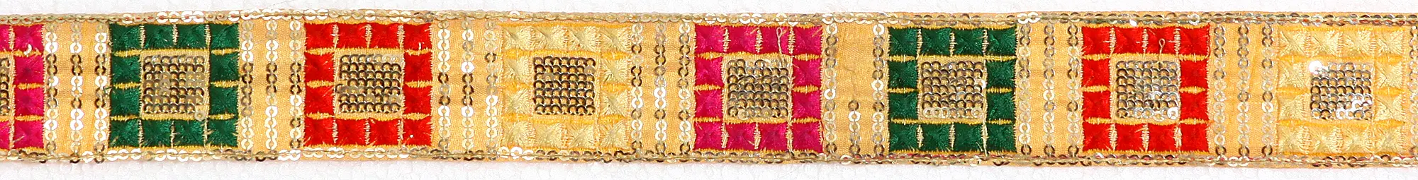 Golden Narrow Border with Embroidered Squares and Sequins