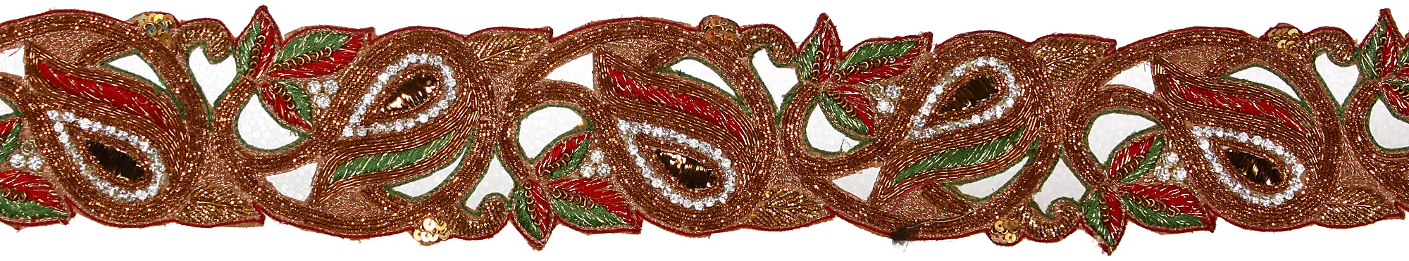 Zardozi Cutwork Border from Kolkata with Leaves Embroidered by Hand
