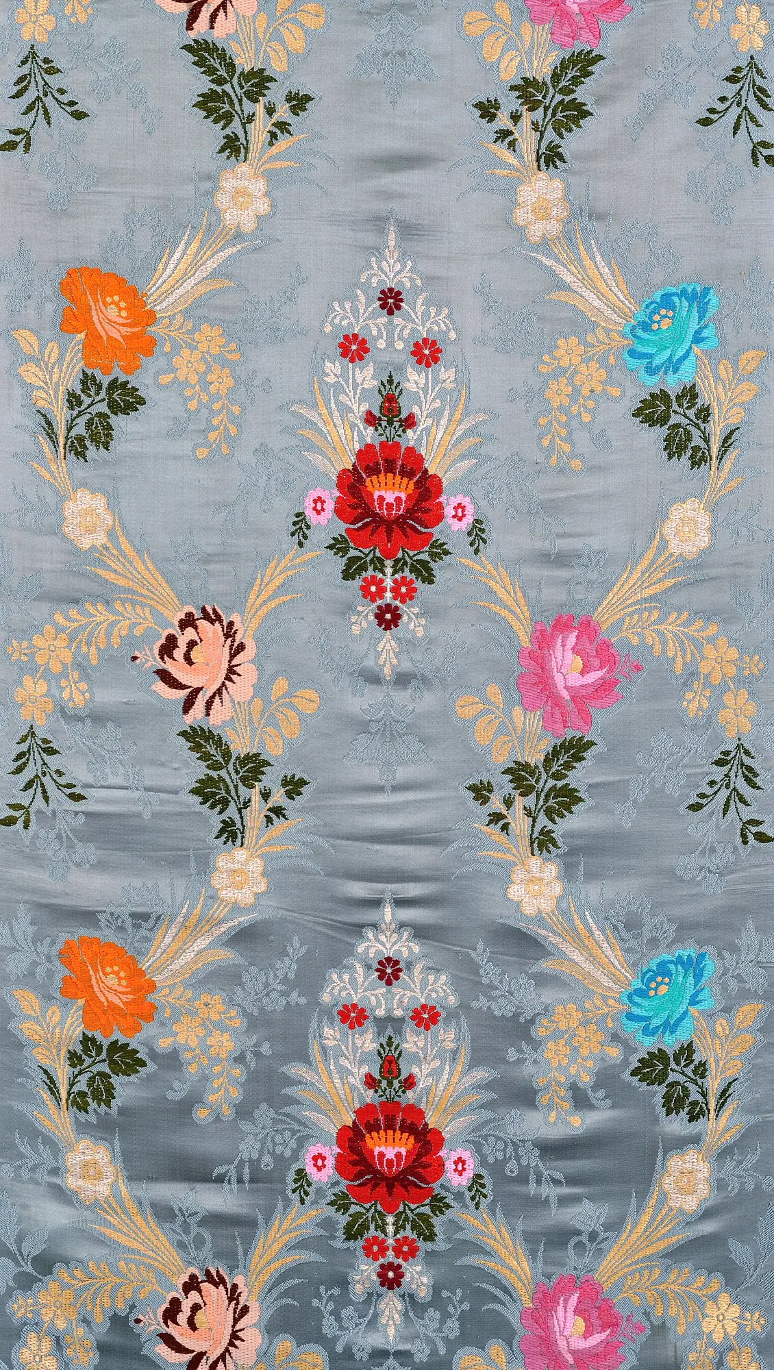 Gray Brocade Fabric with Woven Roses by Hand