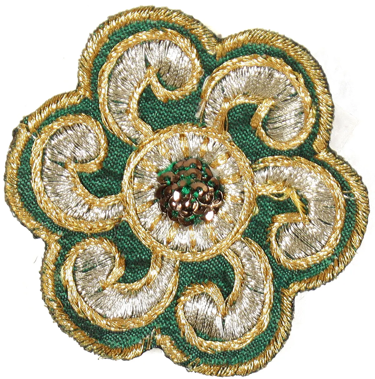 Set of 5 Tidepool-Green Floral Patches with Thread work in Gold and Sequins in Center