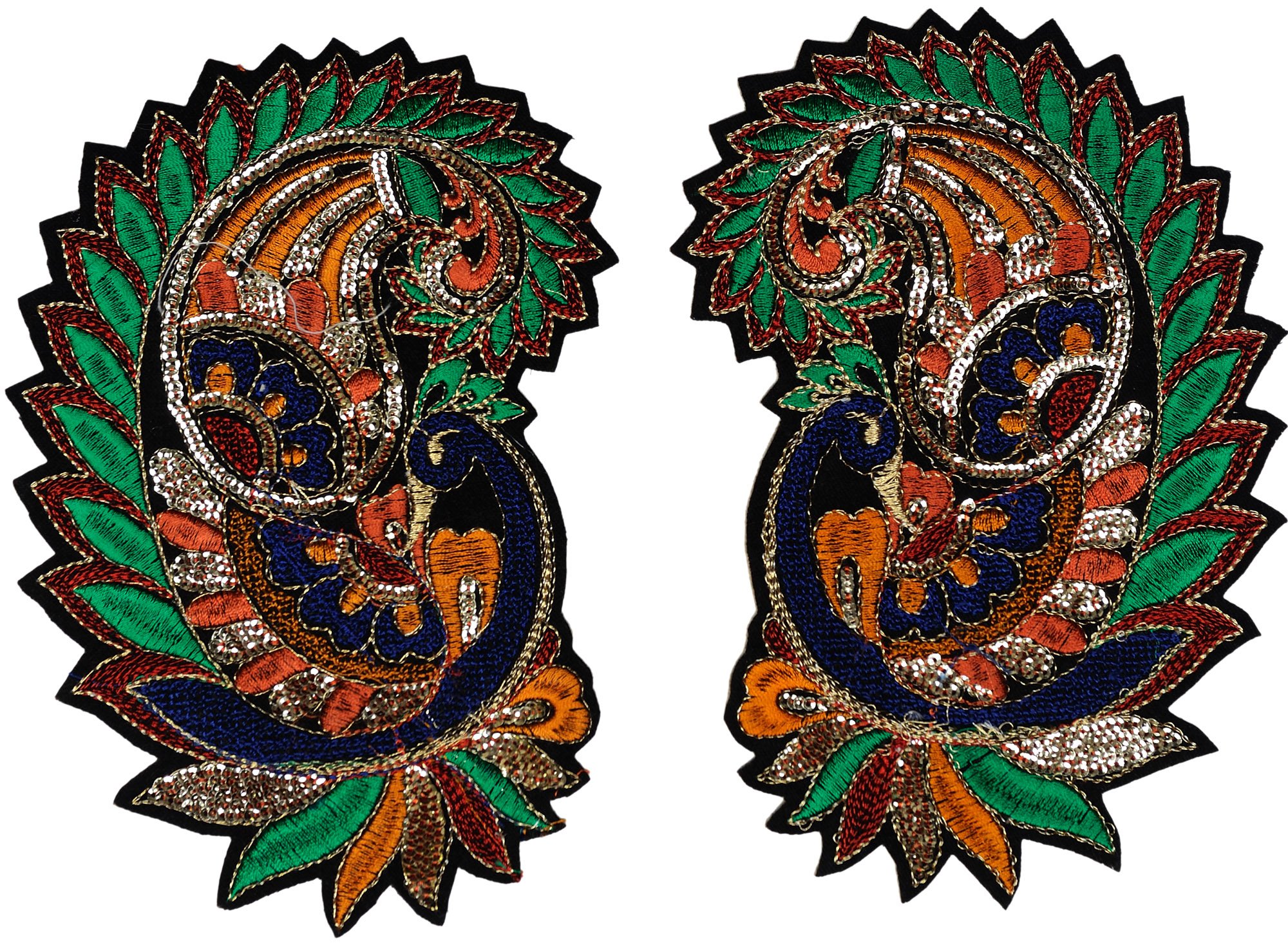 Pair Of Multi Color Embroidered Peacocks Stylized As Paisleys Exotic India Art 9496