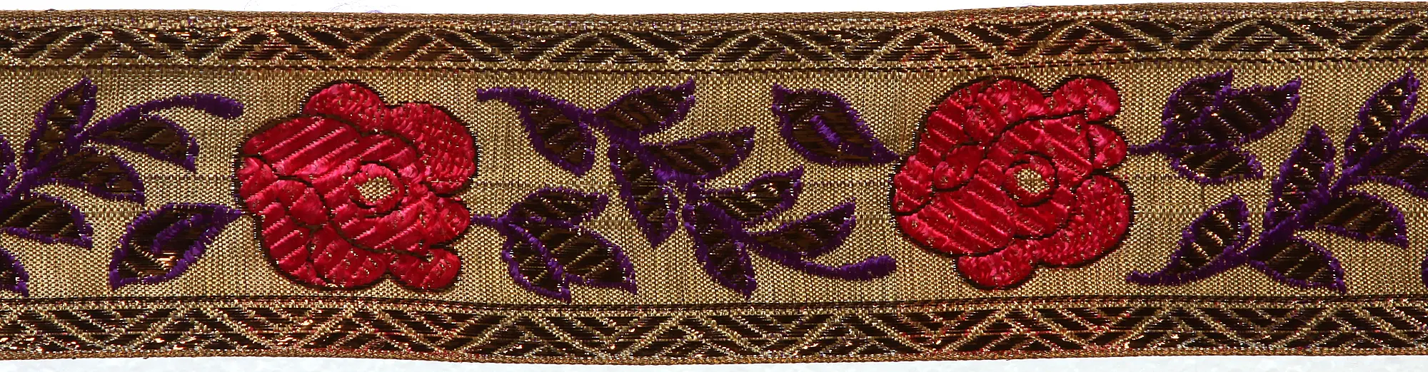 Khaki Fabric Border with Crewel Embroidered Flowers and leaves