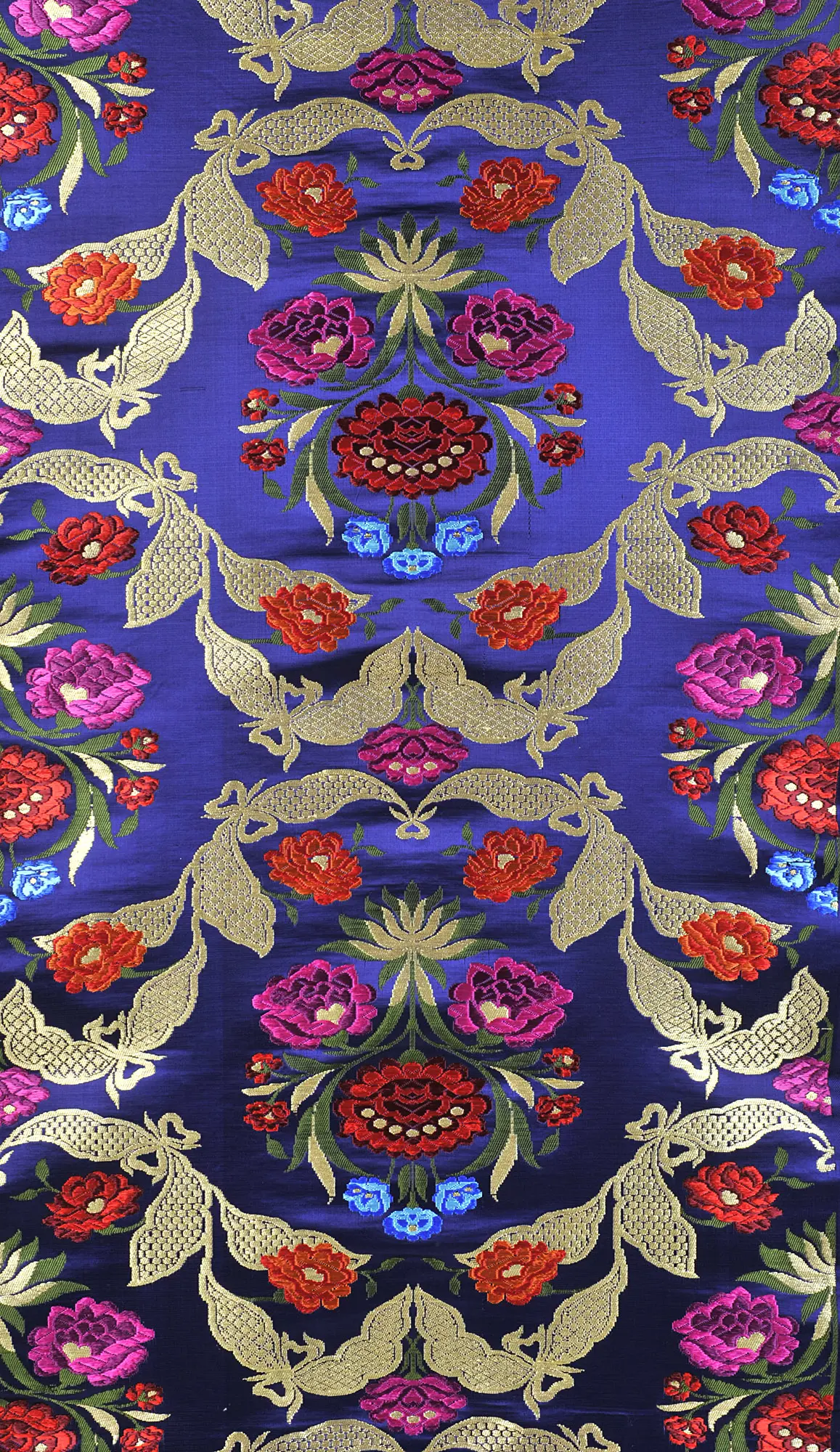 Navy-Blue Brocade Fabric with Woven Flowers and Leaves
